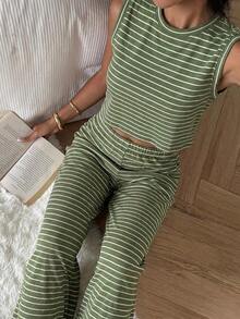 Conjunto de 2 piezas para mujer, top sin mangas a rayas y pantalones, casual - Verde - Ver 5