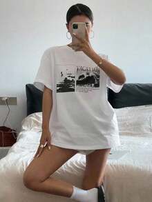 Camiseta de mujer de manga corta y cuello redondo holgada con estampado de letras, camiseta gráfica de verano oversize, top preppy - Multicolor - Ver 5