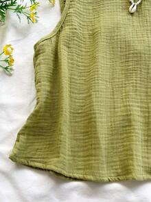 Top sin espalda con textura y lazo, holgado y casual para vacaciones, shorts casuales con elástico en la cintura y bolsillos, para playa y mar - Verde Oliva 2 - Ver 4