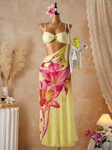 2 piezas Conjunto de bikini para mujer, bikini con decoración de flor de metal y tirantes ajustables, vestido de playa bohemio con estampado de malla floral, conjunto de 3 piezas de traje de baño, adecuado para playa, vacaciones y fiesta de piscina en verano negro - Amarillo - Ver 2