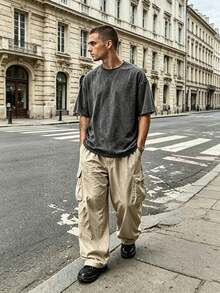 EWH 230g Thick Unisex Washed Vintage Oversized T-Shirt Street Hip Hop Punk Harajuku Casual Cotton Shorts DG004 - 灰色 - 查看 5
