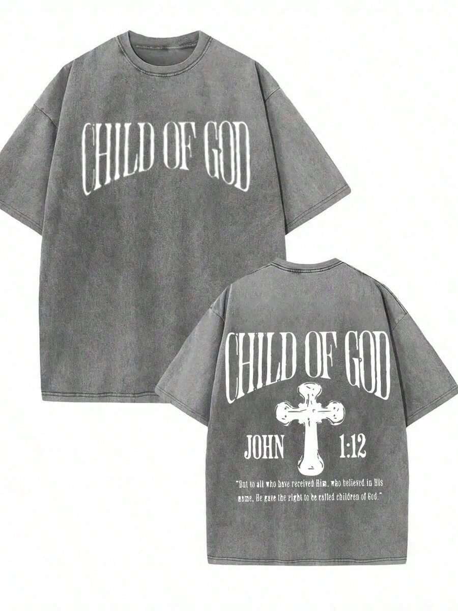GLEC Hijo de Dios, Dios te bendiga. Camiseta de Algodón Lavado de 230g con Estampado de Patrón de Letras y Cruz de Jesús, Estilo Retro Clásico y Popular, de Alta Calidad, para Hombre, de Verano, de Marca Retro, Holgada, Suave y Cómoda, Casual, Multicolor, Adecuada para Uso Diario y al Aire Libre en Verano, con un cierto grosor, para uso diario y como regalo para amigos, regalos de regreso a la escuela, regalos para niños 2025 (estilo retro, unisex, de peso pesado). - Gris - Ver 1