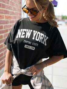 Camiseta Casual de Talla Grande para Mujer con Estampado de Letras de Los Ángeles, Manga Corta, Cuello Redondo, Corte Holgado, Camiseta de Nueva York - Negro - Ver 6