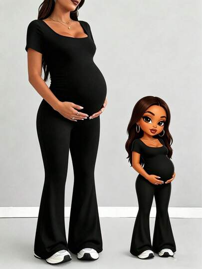 Parara Maternity Short Sleeve Jumpsuit, Tight And Comfortable Casual Outfit For All Seasons, Sporty Casual Style, Suitable For Dates, Daily Wear, Halloween, And Home Wear Black Summer