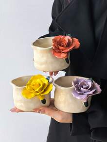 1个时尚手工花朵拿铁杯,复古奢华优雅女士咖啡杯,高品质逼真手工花朵,适合日常拉花、下午茶,贴心礼物 - 彩色 - 查看 4