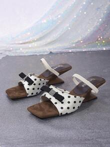 Black & White Polka Dot Bow Rhinestone Decor Asymmetric Heel Elegant Sandals, Square Toe Slip-On Heeled Mules, Versatile For Summer Work And Date, Comfortable High Heels - White - View 6
