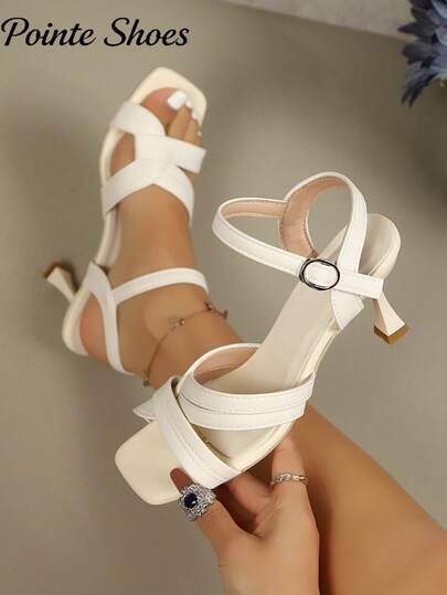 2026 Women's Summer New Arrival Beige Criss-Cross Strap Buckle Sandals, Elegant Elegant Versatile Suitable For Dates And Casual Outings, Square Toe Stilettos