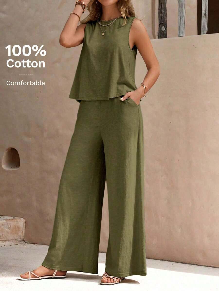 Faunlyn Top tank unicolor & Pantalones de pierna ancha - Verde militar - Ver 1