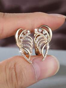 Vanel 1 Pair Elegant Soft Wing-Shaped CZ Exquisite Earrings, Women's Minimalist Lever Back Daily Earrings, Fashionable Women's Jewelry - Golden Yellow-white - View 2
