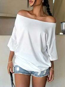Camiseta holgada con hombros asimétricos y alas de ángel bordadas con lentejuelas, estilo gráfico Y2K oversize para mujer, casual y blanca para verano - Blanco - Ver 2