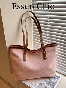 1 buah Tas Tote Nylon Kapasitas Besar dengan Dekorasi Rivet Logam Warna Pink, Tas Bahu Wanita, Koleksi Terbaru Musim Semi - Berwarna merah muda - View 7