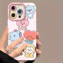 BT21 Cute Pastel Characters Pink Background Phone Case. Compatible With Samsung, Apple, , , , ,  And Honor. Made Of TPU Silicone, They Offer Protection Against Bumps And Drops. - trắng - Xem 2