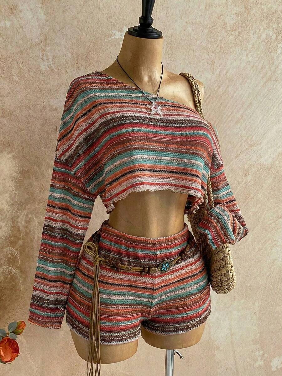 Casual 2-Piece Set Consisting Of A Cropped Top With An Irregular Neckline And Lettuce Hem, And Shorts, In A Solid Color, For Vacation, Spring/Summer - Multicolor - View 1