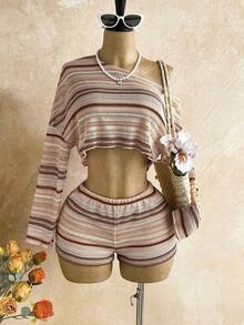 Conjunto informal de 2 piezas de top corto con cuello irregular y borde de lechuga, y shorts, en unicolor, para vacaciones, primavera/verano - Multicolor 6 - Ver 11
