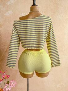 Casual 2-Piece Set Consisting Of A Cropped Top With An Irregular Neckline And Lettuce Hem, And Shorts, In A Solid Color, For Vacation, Spring/Summer - 黃色 - 查看 9