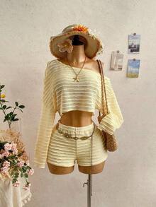 Conjunto de 2 piezas de top asimétrico y shorts de unicolor casual de vacaciones para mujer - Café integral - Ver 10