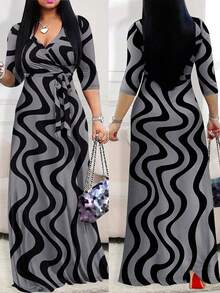 2026 Vestido azul ligero de mujer con cuello en V y cintura ceñida, elegante para primavera/verano - Gris - Ver 7