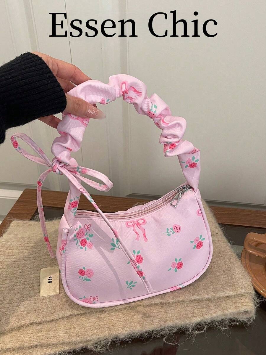 1pc Pink Bowknot Decor Nylon Baguette Bag, Pleated Shoulder Underarm Bag For Women, Spring New Arrival - Pink - View 1