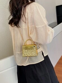 新款亚克力水钻装饰晚宴包，女士迷你单肩斜挎包，口红包 - 金色 - 查看 6
