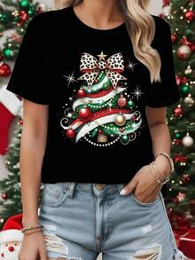 Camiseta Casual de Manga Corta para Mujer en Azul Claro con Estampado de Corazón "One Day At A Time" - Poliéster Suave, Cuello Redondo, Lavable a Máquina, Esencial para la Moda de Primavera/Verano, Camiseta para Uso Diario |   Camiseta de cuello redondo |   Tela de poliéster, Vacaciones - Negro - Ver 3