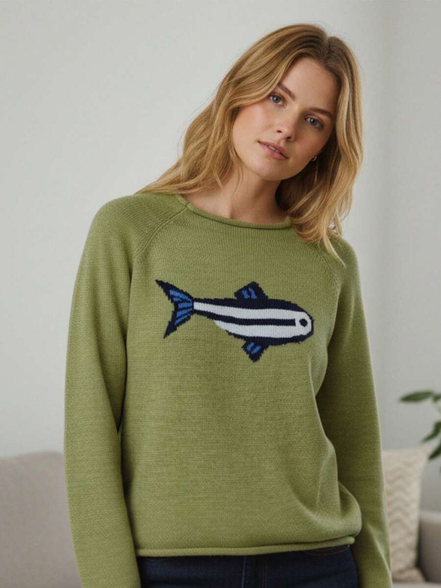 Women's Knit Sweaters Long Sleeve Round Neck Fish Embroidery Pullovers Loose Fit Tops - Army Green - View 1