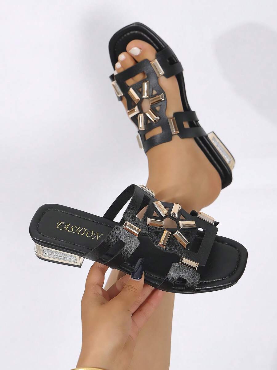Women's Metallic Glamorous Style Rhinestone Criss-Cross Strap Slide Sandals, Suitable For Party, Holiday, Wedding, Outdoor Wear In Spring/Summer, Square Toe, Low Heel, Slip-On, Open Toe, Shiny - Black 3 - View 1