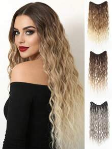 Extensiones de cabello sintético de fibra natural ondulada de 24 pulgadas con clip en forma de V, degradado dorado - Multicolor - Ver 1
