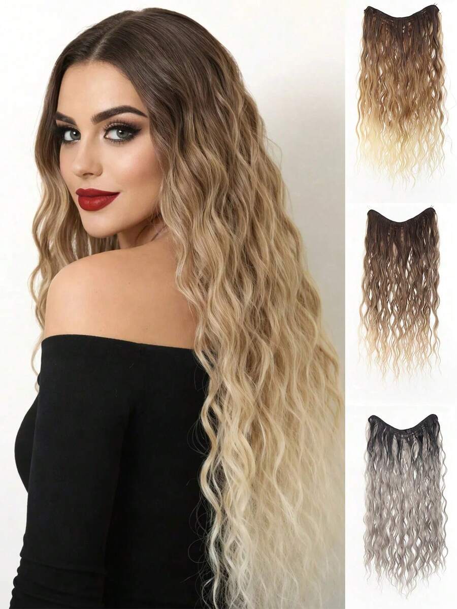 Extensiones de cabello sintético de fibra natural ondulada de 24 pulgadas con clip en forma de V, degradado dorado - Multicolor - Ver 1