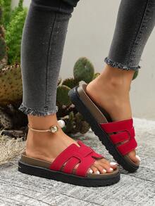 New Fashion Buckle Open Toe Platform Slippers, Comfortable Versatile Dirt-Resistant Beach Sandals Suitable For Daily Wear - Red - View 4