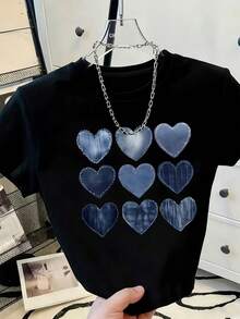 Primavera/Verano 2026, Nuevo Estilo, Camiseta Casual de Manga Corta para Mujer con Cuello Redondo y Estampado de Corazón, Estilo Vintage Urbano, Unisex, Holgada, de Algodón. - Negro - Ver 2