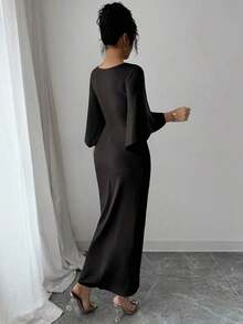 xheElenzga Vestido de manga de murciélago de punto elástico elegante con diseño de giro de cuello en V de longitud media para mujeresxhe - Negro - Ver 2