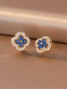 1 par de pendientes de trébol de cuatro hojas de 6 colores, con piedras de circonita brillantes engastadas, montura tipo halo, diseño de trébol de cuatro hojas con gemas de colores, material chapado en oro de 18K, apto para piel sensible, regalo de cumpleaños perfecto para mujeres - Multicolor - Ver 6