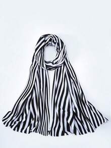 1pc Soft Solid Color Headscarf, Blend Plain Long Scarf, Knitted Hijab, Travel Essential, Beach Towel - Black and White - View 2