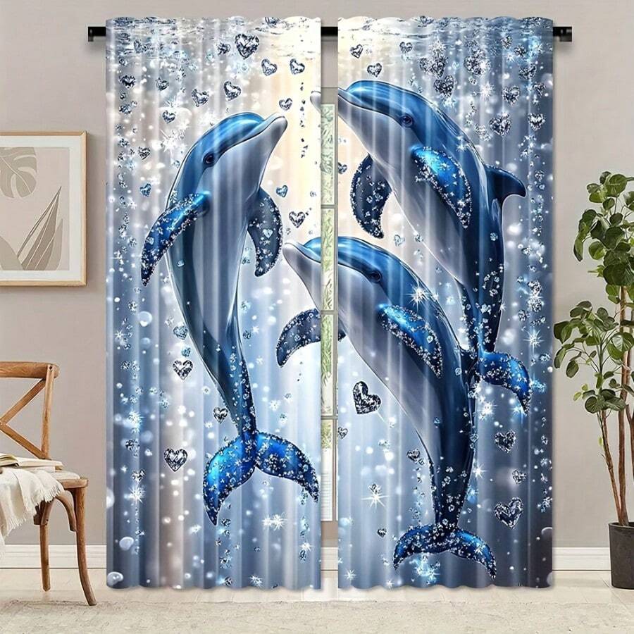 2 piezas de cortinas con estampado de delfines azules, crean una atmósfera marina, adecuadas para dormitorio o sala de estar, tela de poliéster lavable a máquina, estilo de bolsillo para barra, protección de privacidad, cortinas decorativas para todo el año - Multicolor - Ver 1