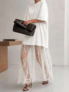 Vestido casual de mujer con parches de encaje de manga corta (sin cinturón), vestido de punto de unicolor con parches de encaje para uso diario, oficina, citas, la longitud y el tamaño se pueden ajustar con un cinturón, el estilo casual es holgado, se sugiere pedir una talla menos.Elegante - Blanco - Ver 1