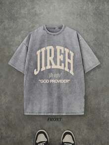 Retro Washed T-Shirt With Single-Sided Print (230g Pure Cotton T-Shirt) With 'JIREH GOD PROVIDER' Letter And Pattern Print, Christian Gift, T-Shirt, Casual Shirt, Comfortable And Fashionable T-Shirt, Urban Cotton Style - 灰色 - 查看 7