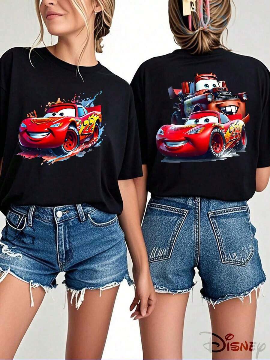 Authorized By Disney, Disney's "Car Story" Lightning McQueen And Mo Theme Print 100% Cotton T-Shirt-Creative Cartoon Print, Breathable Light Fabric, Regular Round Neck Street Casual Shirt In Spring And Summer, Disney Shirt, Excellent Holiday Gift, Loose Version. - 黑色 - 查看 1