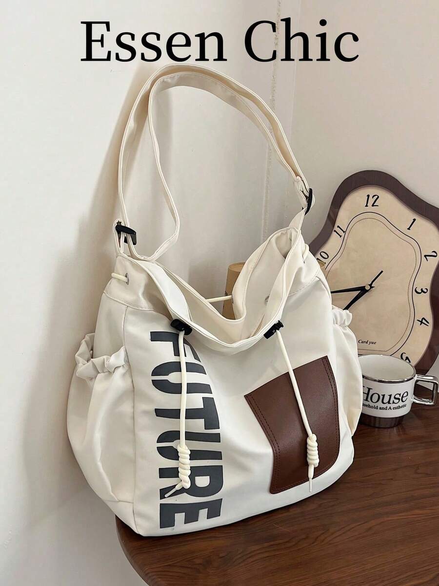 New Solid Color Nylon Fabric Five-Pointed Star Decor Large Capacity Tote Bag, Women's Shoulder & Crossbody Bag, Suitable For Students, Spring/Summer, Artistic Style School Bag For Teens, Book Bag For Women Or Students, Perfect For Books, Shopping, Back To School And More, Tote Bags For School,College Essentials , Office Bag