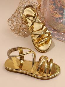 Children's Elastic Ankle Strap Flat Sandals, Open Toe Gladiator Style Summer Casual Sandals Suitable For Girls - Gold - View 5