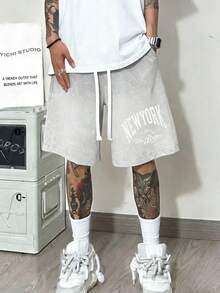 Men's Vintage Bronx New York Print Shorts - Loose Fit Washed Cotton Streetwear, Adjustable Elastic Waistband, Bronx Print Casual Sports Shorts, Machine Washable Urban Outfit - Vintage Street Style Unisex Loose Cotton Short Sleeve Crew Neck T-Shirt - 深 - 查看 3