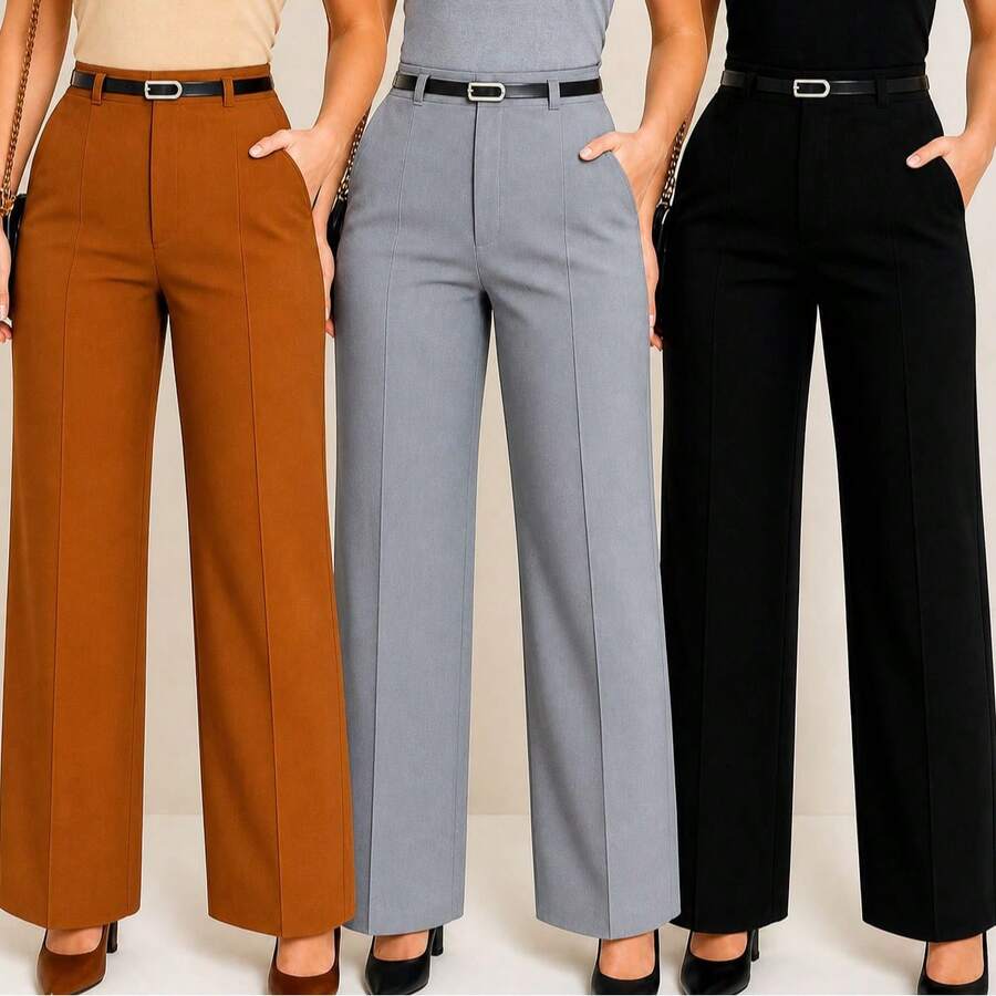 Set Of 3 Tailored Dress Pants With Belt, Elegant Chic, Sizes P To Plus Size - Chic Fashion 2026 - 黑色/灰色/焦糖色 - 查看 1