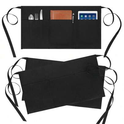 3pcs/Set Waitress Apron, Waterproof & Oil-Resistant Waist Apron With 3 Pockets, Black Waitress Half Apron With Pockets For Women