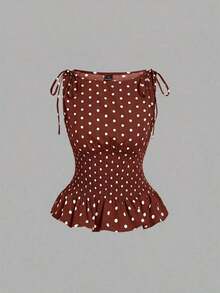 Conjunto de 2 piezas de top sin mangas y shorts con estampado de lunares en contraste para mujer - Marrón - Ver 7