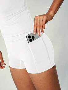 UONNOU Pocket Workout Set, Crew Neck Top & Peach Lifting Seamless Shorts - White - View 7