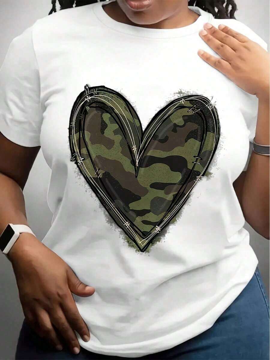 Camiseta de Mujer con Estampado de Corazón en Camuflaje, Suave y Transpirable, de Algodón, Manga Corta, Cuello Redondo, para Uso Diario en Primavera y Verano, Camiseta Casual con Estampado de Camuflaje. KE5N - Blanco - Ver 1