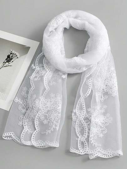 1pc Women's New Spring Hollow Lace Wave Edge Embroidered Long Scarf Shawl Solid Color Women's Fashion Versatile Headscarf