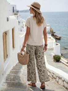 Set de 2 piezas con top de manga corta y pantalón de pierna ancha con estampado geométrico para mujer - Multicolor 4 - Ver 4