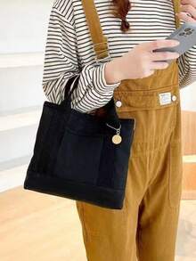 帆布拼接水桶包,时尚日式便当盒包,上班族手提包,学生午餐包 - 彩色 - 查看 9
