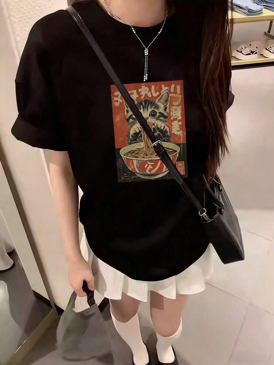 Camiseta de manga corta de cuello redondo holgada con estampado de gato, estilo japonés, para verano - Negro - Ver 1