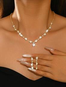 1 Set Bridal Jewelry Set, Shiny Teardrop Necklace And Dangle Earrings, Crystal Jewelry Set, Suitable For Wedding, Bridesmaid, Gala, Beach Vacation - Gold - View 2